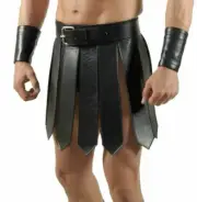Mens Real Cowhide Leather Black Heavy Duty Gladiator Kilt Set Halloween LARP