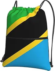 EdWal Tanzania Flag Print Drawstring Backpack Gym Bags Sports Bags With Zipper Pocket For Travel Beach, Black, One Size