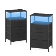 Advwin LED Bedside Table Set of 2 with Charging Station 3 Fabric Drawers Nightstand Black Drawer & Black Top