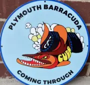 Vintage Style Plymouth Barracuda Coming Through Steel Metal Sign