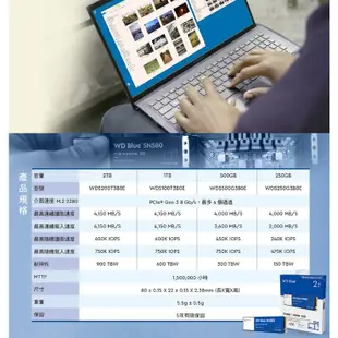 WD 藍標 SN580 1T 1TB 1T M.2 PCIe 4.0 NVMe SSD 固態硬碟