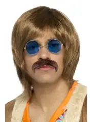 60s 70s Hippie Hippy Kit Peace Love Wig Tash Specs Costume Set