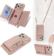 Cavor Crossbody Wallet for iPhone 16 Pro Leather Case for iPhone16pro Case 6.3'' Flip Cover Card Slots with 360°Rotation Ring Holder Kickstand & Long Shoulder Lanyard Strap-Rose