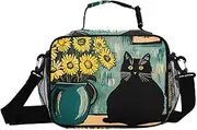 Cat Daisy Black Insulated Lunch Box for Women Men - Ideal for Work, Picnics - Includes Adjustable Shoulder Strap