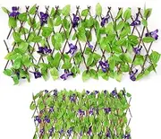 Expanding Garden Trellis Panels 200x40cm, Premium Artificial Green Living Wall, Expandable Garden Fence Screening, with Artificial Ivy and Violet Flower, Artificial Hedges Panel for Indoor Or Outdoor