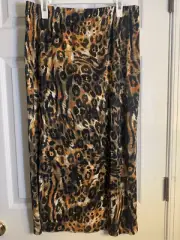 DKNY MIDI SKIRT LEOPARD PRINT ELASTIC WAIST TINY PLEATS OFFICE SIREN SZ L NWT