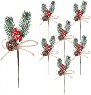 6 Pcs 7.5 Inch Artificial Snow Spruce Branches with Red Berries Pine Cones Flora