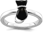 [Stackable Expressions] 925 Sterling Silver Stackable Polished Black Enameled Cat Ring Size 9-Stackable-Ring for Women