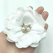 5pcs White Chiffon Lace Fabric Flowers Flat Back Rhinestone Applique Bows for DIY Sewing Craft Party Decoration Hair Clips Accessories Supplies - 3.1" Inch