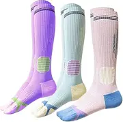 [Dress Cici] Sports Compression Socks Cushioned, Cuff Stripes Compression Sock for Women, Athletic Knee High Running Socks (3 Pack)