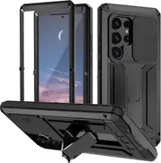 Waterproof Case For Samsung Galaxy S24 Ultra/ S24 Plus/ S24 Aluminum Metal Frame Slide Camera Cover Kickstand Full Body Shockproof-Black