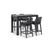 Outdoor Hugo Ceramic 1.5M Rectangle Aluminium Bar Table With 4 X Hugo Rope Bar Stools-Charcoal W/ Carbon Grey Rope & Denim Grey