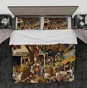 DINGSION Pieter Bruegel the Elder Bedding Set 3-Piece Dutch Sayings 1559 Bedroom Bedding Set with 2 Pillow Fittings 4 Ties Zip 240 x 220 cm
