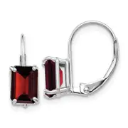 14k White Gold Emerald Cut Garnet Leverback Earrings