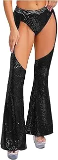 [Yeahdor] Womens Sparkly Flared Leg Pants Y2k Sequin Bell Bottom Legging Pant 70s 80s Disco Halloween Costume