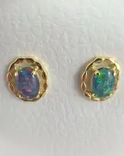 Genuine Australian Coober Pedy Triplet Opal Stud Earrings Twice 18ct Gold Plated