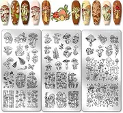 PH PandaHall 3 x Mushroom Nail Art Stencils, 46 Patterns Plant Theme Nail Stamping Plate Leaves Bush Nail Art Stencils Stainless Steel Plates for Nail Design Printing Manicure Salon