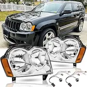 Headlights Assembly Pair for 2005 2006 2007 Jeep Grand Cherokee Laredo/Limited/Overland/SRT8 Direct Replacement Headlamps with Wiring Harness (LH RH),Chrome Housing Amber Reflector