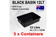3x Heavy Duty 12L Black Plastic Basin Tub Containers Storage Crates Box Large AU