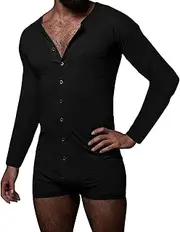 [Panegy] Men's Long Sleeve Short Jumpsuit Pajama One Piece Button Down Henley Sleepshirt Rompers