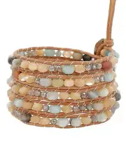 Chan Luu Matte Multi Color Mineral Stone Tan Leather Silver Bracelet NWT