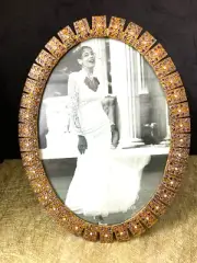 Vintage Copper Ornate Multicolor Rhinestones oval Picture Frame 5x7"
