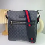 二手現貨 GUCCI 古馳474137 黑色 PVC 拉鍊日字包 藍紅藍背帶 免運