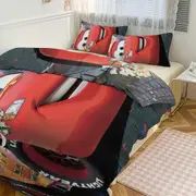 v5765 Bed Sheets Bedding Cars Piston Cup Circuit Blue, Red, And Yellow, Lightning McQueen And Mater 3 Piece Toddler Bed Set - Comforter, 1 Duvet Cove