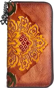 [UONIFANS] Women Long Wallet Vintage Embossing Ethnic Style Card Holder Genuine Leather Clutch Large Capacity Multi Pocket Purse, Brown, One Size