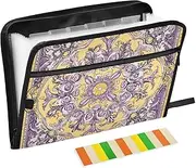 Retro Flower Pattern Purple and Yellow Expanding Folder 13 Pockets A4 Letter Size Office Folders with Zipper Closure Expanding File Folder Pockets Accordion for Office Supply