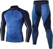 [Abigprofit] Men Winter High Collar Thermal Underwear Long Johns Shirt Leggings Warm Sport Compression Underwear 91504 91312 Blue L