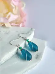 Frosted Teal Sea Glass Teardrop, Silver Ladies Dangle Earrings, Beach Fashion