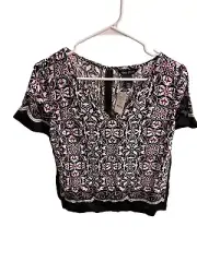 New White House Black Market Size 6 Zip Floral Pandora Woven T-Shirt Boho