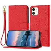 For iphone 11 Case, Litchi Grain PU Leather Folio Cover Magnetic Closure Flip Wallet Card Slots Stand Case With Hand Strap,Brown - Red