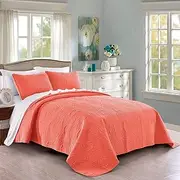 PURE BEDDING Quilt Set King/Cal King/California King Size Coral - Oversized Bedspread - Soft Microfiber Lightweight Coverlet for All Season - 3 Piece Includes 1 Quilt and 2 Shams, Geometric Pattern