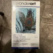 Wonderart Latch Hook Kit Peacock Blue Green Feather 15" x 20" USA NEW