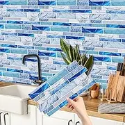 CHDITB 16 Sheets Self Adhesive Wall Tiles,Blue Marble Effect Tiles,Marble Stick On Stickers Splashbacks,Kitchen Backsplash Peel and Stick Decals,Vintage Backsplash Stickers for Bathroom,26.4X12cm