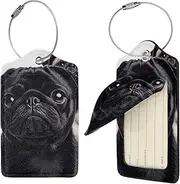 [STVYUKL] Cute Black Pug Dog Luggage Tags 1 for Suitcase Waterproof Leather Suitcase Tags Privacy Cover Name Id Label and Metal Loop Baggage Tags for Women Men Travel