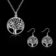 DOTEFFIL 925 Sterling Silver Fine Retro Round Tree Pendant Necklace Earrings