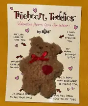 Vintage Valentine RUSS TRUE HEART TEDDIES Tan Teddy Bear 3" Plush Pin Cute New
