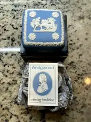 Wedgwood of Etruria White on Blue Jasperware Square Dresser Trinket Box - NIB