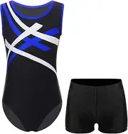 [Yhong] Kids Girls Sleeveless Contrast Color Patchwork Gymnastics Dance Leotard with Botty Shorts Activewear Set