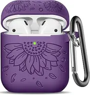 [WJK] for Airpod Case and Airpods 2nd Generation Case Sunflower Print Engraved Skin Cover Compatible with Apple AirPods 2nd/1st Charging Case with Keychain, Front LED Visible, Purple