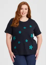 [Virtuelle] Taking Shape Cotton Crochet Flower T-shirt Size 26 in Navy - Plus Size Women's Tops & T Shirts Navy