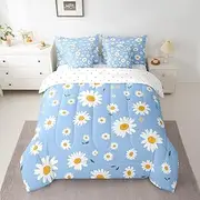 Manfei 7 Pieces Daisy Comforter Set Twin Size, White Daisy Flower Bedding Set for Kids Girls Room Decor, Botanical Floral Print Bed in a Bag with Comforter, Fitted Sheet, Flat Sheet and Pillowcases