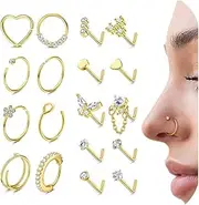 [Thunaraz] 14K Gold Filled Nose Rings Hoop L Shape Nose Studs 18G 20G Stainless Steel Nose Stud Screw Round CZ Heart Simulated Diamond Hypoallergenic Nostril Piercing Jewelry for Women Men Silver Gold