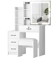 ALFORDSON Dressing Table Vanity Stool Set with Sliding LED Mirror, Chair, Mutiple Shelves and Storage Cabinet, Makeup Desk Dresser Organiser for Women Bedroom Dressing Room, White