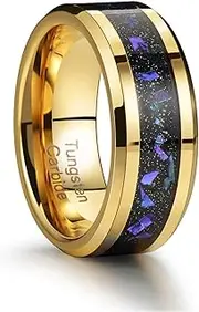 [Zillaly] Men's 8mm Black/Gold Tungsten Carbide Wedding Ring Nebula Galaxy Wedding Promise Gold Foil Inlay Real Meteorite Matte Bevel Comfort Fit