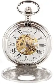 [David Aster] Mens Half Hunter Patterned Mechanical Pocket Watch - Silver/Gold
