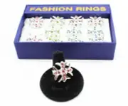 Dozen Silver Rhinestone Adjustable Rings in Display Box #R2008-12